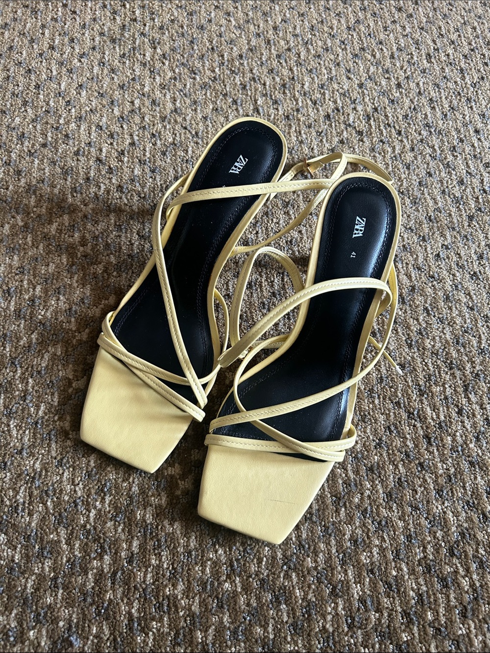 Zara Pale Yellow Strappy Square-Toe Heels